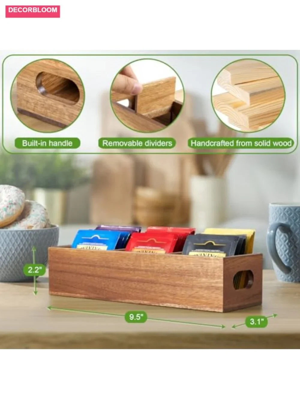 Acacia Wood Tea Bag Organizer with 3 Slots and Handles